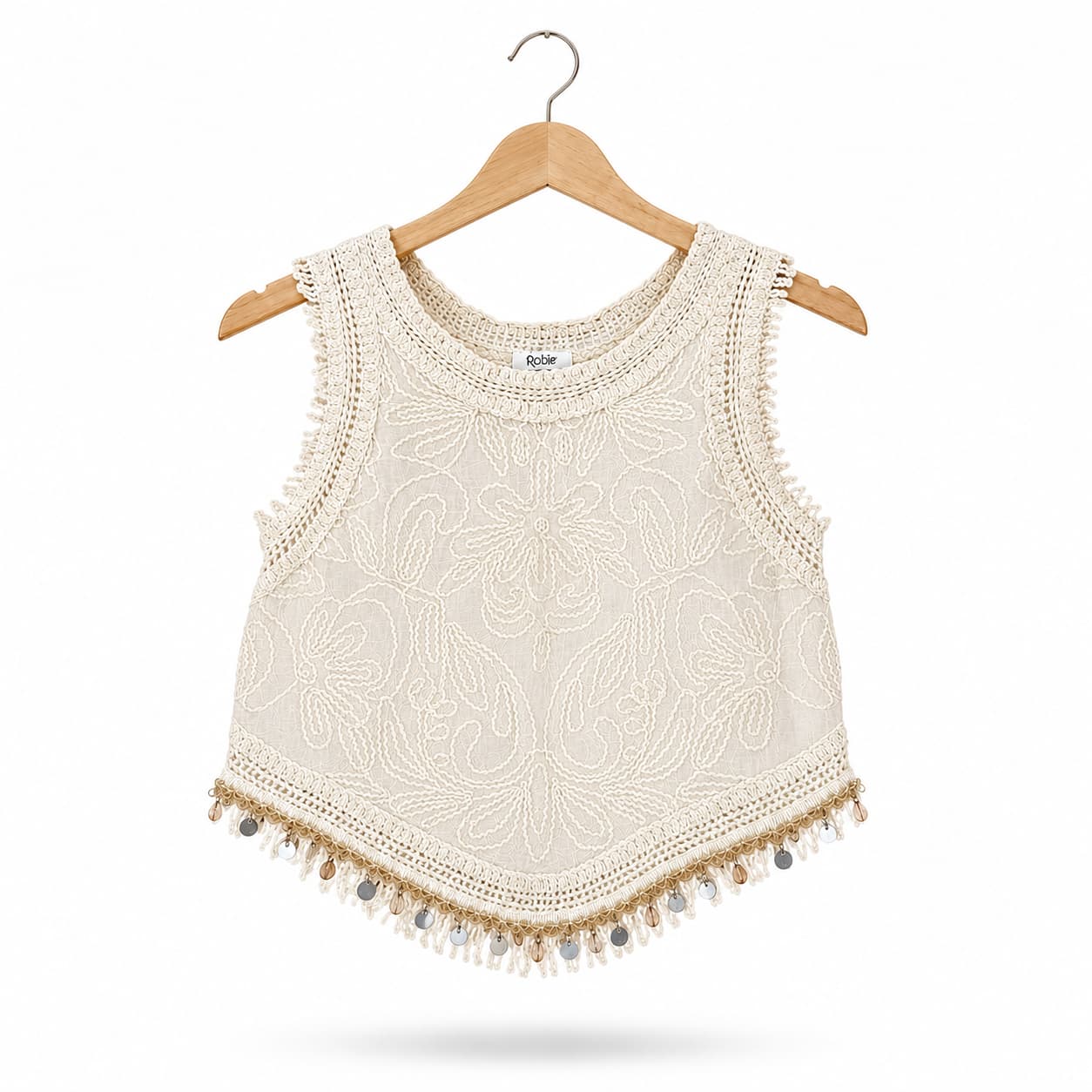 Бежевая ажурная безрукавка Robin Italy «Crochet Nappa» крючком