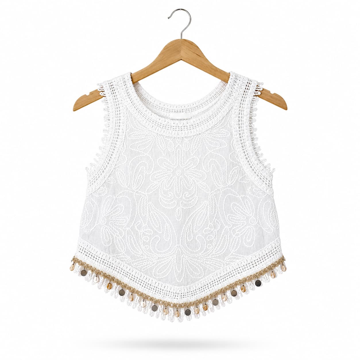 Белая ажурная безрукавка Robin Italy «Crochet Nappa» с помпонами по низу