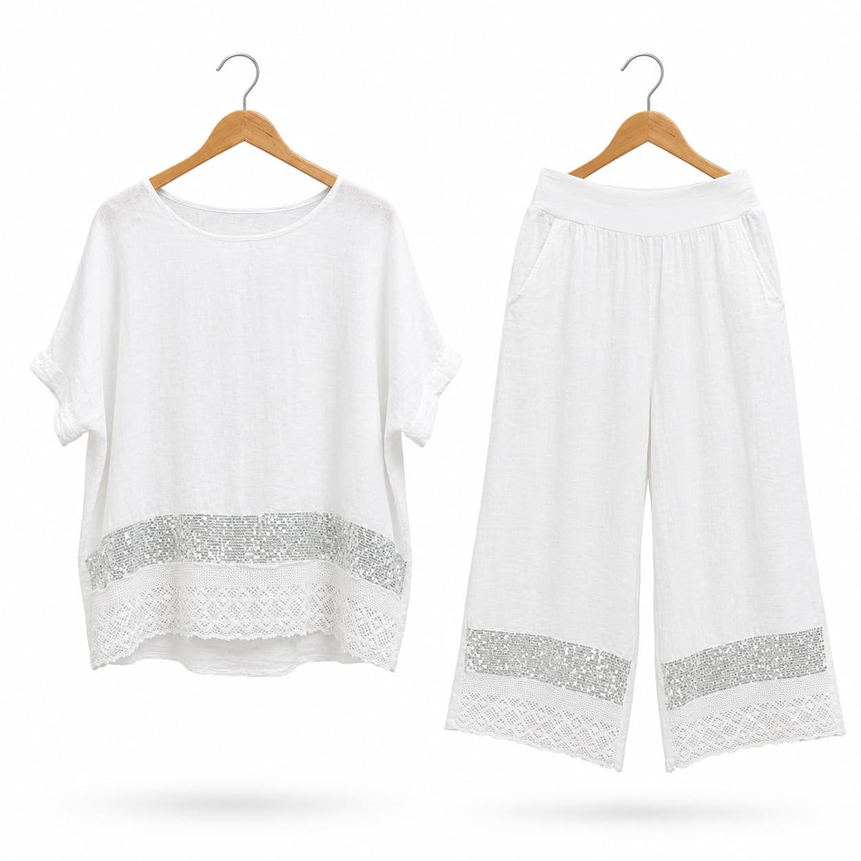 Белый льняной костюм Robin Italy «Capri Lustrini» с блеском паеток