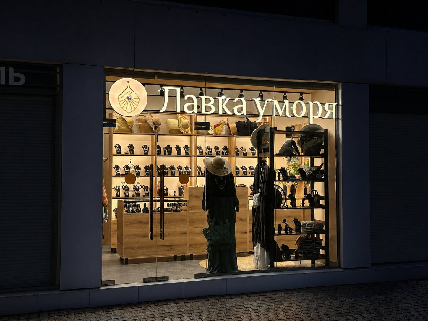 Витрина вечером: шляпы, украшения и одежда