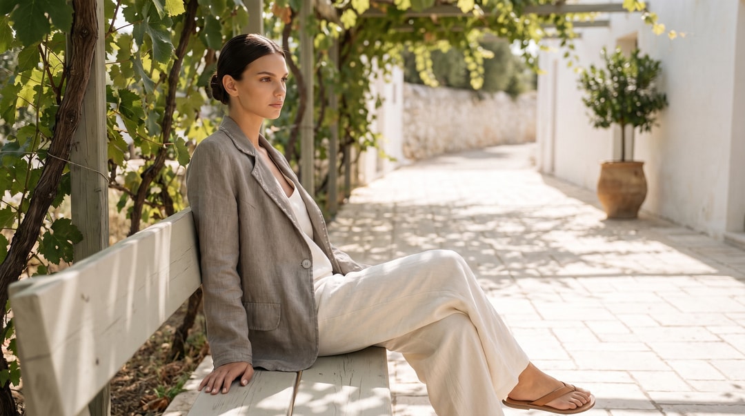 Льняной жакет Robin Italy «Milano Sartoriale» на модели, скамья под перголой у моря в Сочи
