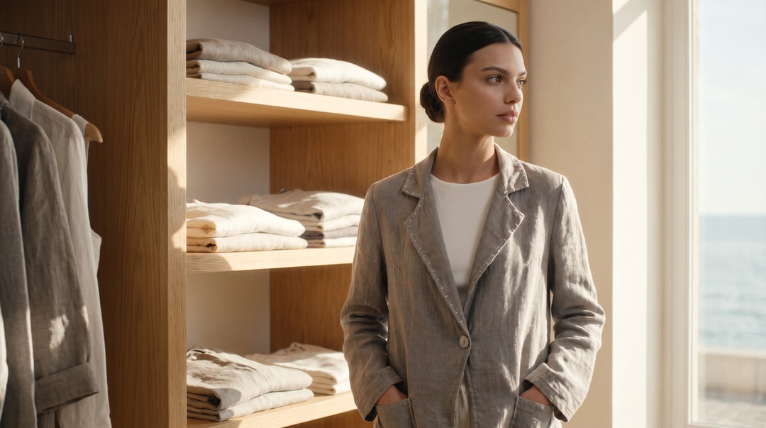 Модель в сером льняном жакете Robin Italy «Milano Sartoriale» у стеллажа со льном