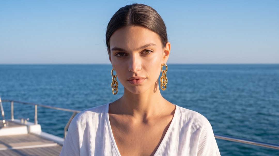 Серьги Lamala & Lafea Ama Tu Caos из крупных овальных звеньев, портрет у моря, бутик «Лавка у моря» в Сочи