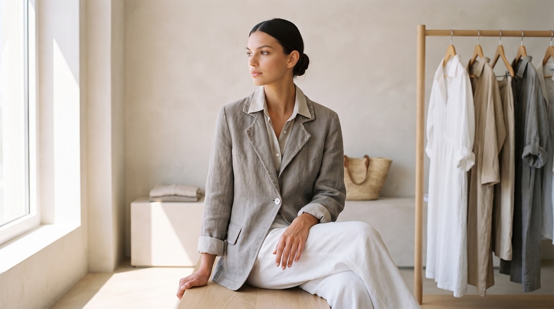 Женщина в сером льняном жакете со светлыми стежками по лацканам и бежевой рубашке сидит на деревянной скамье у окна в светлом бутике, за ней вешалка с льняной одеждой